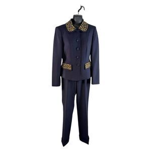 Anne Klein 2 XS Navy Suit Yellow Rhinestone Crystal Embellished VTG 1980s 1990